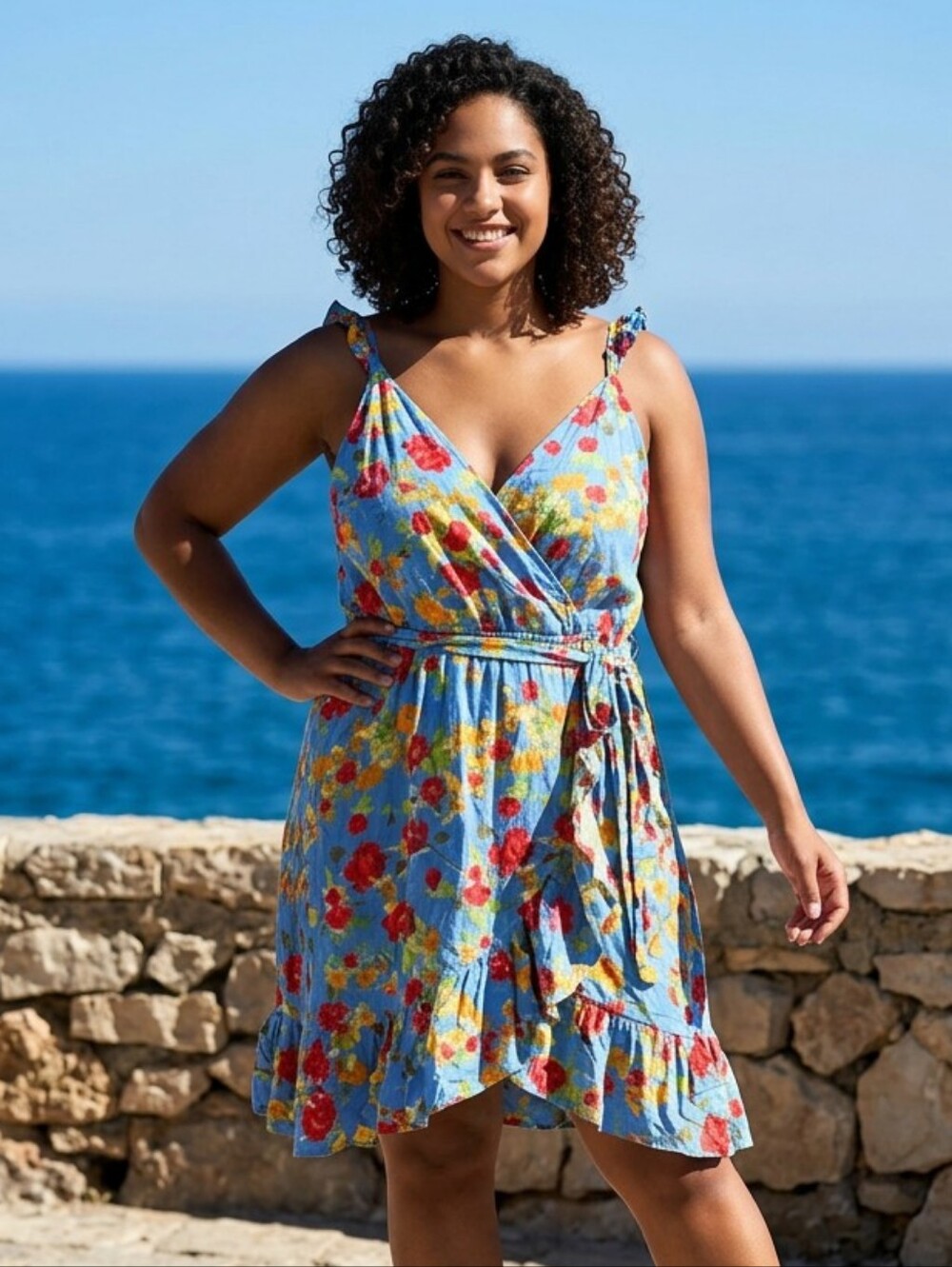 LC Lauren Conrad Blue Floral Faux Wrap Dress XL Belted Ruffle Flutter Sleeve